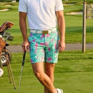 LoudMouth Teal Pink Tropical Shark Print Golf Shorts Size 38